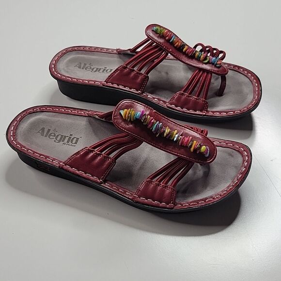 ALEGRIA STONE EMBELLISHED DARK RED LEATHER BOHO COMFORT SANDALS EU 39 / US 9 - Picture 1 of 9